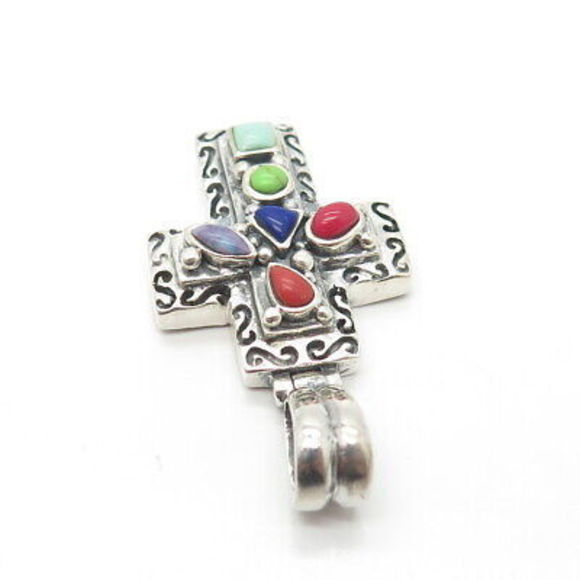 925 Sterling Silver Vintage Lapis Lazuli Coral & Turquoise Gem Cross Pendant - Picture 6 of 8